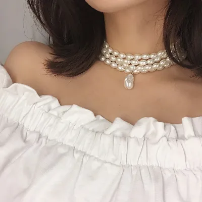 Women Multilayer White Pearl Choker Necklace